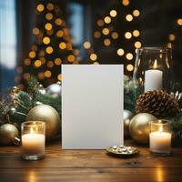 ai gegenereerd wit groet kaart met blanco voorkant, realistisch Aan een mockup sjabloon in een houten tafel in een Kerstmis luxe achtergrond in huis binnen, foto