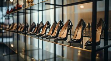 ai gegenereerd hoog hiel- zwart schoenen in garderobe Bij een mode winkel in een mode wijk foto