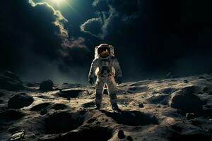 ai gegenereerd maan- exploratie astronaut in ruimte pak wandelingen Aan de maan foto