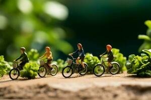 ai gegenereerd sportief rijden miniatuur mensen rijden fietsen met een levendig groen achtergrond foto