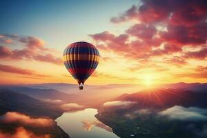 ai gegenereerd ballon reis zonsopkomst achtergrond, heet zomer, vrijheid en reizen foto