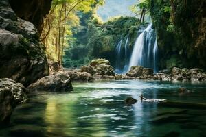 ai gegenereerd aard kalmte jogkradin in de diep Woud Bij kanchanaburi smaragd waterval foto