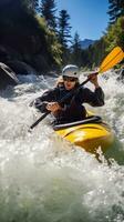 ai gegenereerd een kayaker navigeren door ruw wit water stroomversnellingen foto