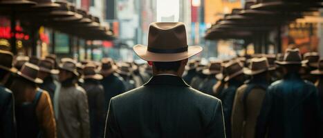 ai gegenereerd een Mens wandelen naar beneden de straat in een hoed foto