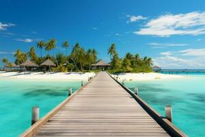 ai gegenereerd palm omzoomd steiger tropisch landschap met houten pier, Maldiven eilanden foto