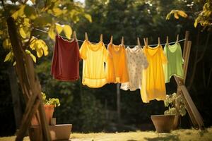 ai gegenereerd wasserij hangende Aan de Kledinglijn in de tuin, voorraad foto, na wezen gewassen, kinderen kleurrijk kleding droogt Aan een Kledinglijn in de werf buiten in de zonlicht, ai gegenereerd foto