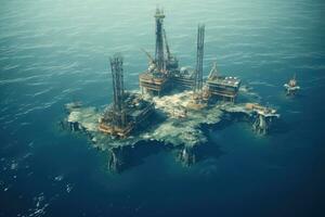 ai gegenereerd offshore olie en gas- productie platform in de zee. 3d weergave, antenne visie van een olie en gas- platform in de zee, vertegenwoordigen de olie en gas- industrie, ai gegenereerd foto