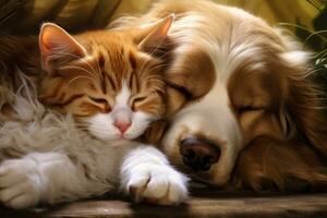 ai gegenereerd schattig hond en kat slapen samen Aan sofa in leven kamer, kat en hond vredig slapen samen, ai gegenereerd foto