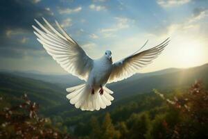 ai gegenereerd aard boodschapper wit duif in vlucht, belichamen hoop en zuiverheid foto