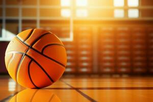 ai gegenereerd basketbal Speel oranje bal, hoepel, en rechtbank structuur in wedstrijd foto