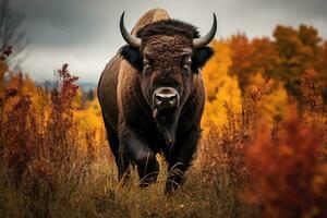 ai gegenereerd bizon in de herfst Woud. bizon in de bergen, buffel in de wild, ai gegenereerd foto