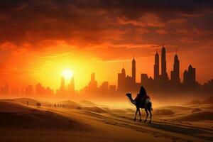 ai gegenereerd woestijn landschap met kameel en wolkenkrabbers in dubai, vae, kameel caravan Aan zand duinen in de Arabisch woestijn met de Dubai horizon Bij zonsondergang, ai gegenereerd foto