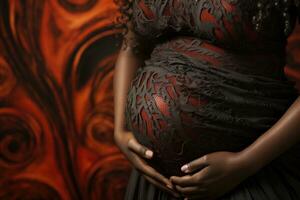 ai gegenereerd zwanger vrouw in zwart jurk Aan een donker achtergrond. detailopname, zwart zwanger dames buik detailopname, ai gegenereerd foto