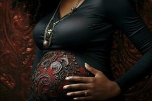 ai gegenereerd zwanger vrouw in zwart jurk Aan wijnoogst achtergrond, detailopname, zwart zwanger dames buik detailopname, ai gegenereerd foto