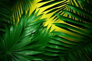 ai gegenereerd tropisch elegantie creatief natuur lay-out met groen palm bladeren foto