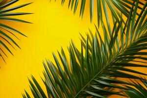 ai gegenereerd zonnig esthetiek tropisch palm bladeren Aan een levendig geel achtergrond foto