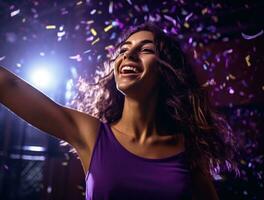 ai gegenereerd jong leerling dansen Bij club met confetti vallend naar beneden foto