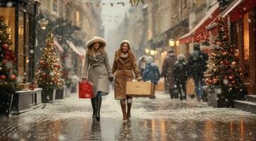 ai gegenereerd twee Dames zijn in de midden- van de regen en sneeuw Holding boodschappen doen Tassen foto