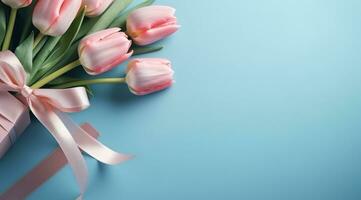 ai gegenereerd geschenk en roze tulpen Aan blauw achtergrond foto