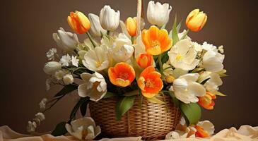 ai gegenereerd wit en citroen tulpen zijn geplaatst in een mand foto
