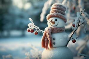 ai gegenereerd winter charme sneeuwman in een landschap met besneeuwd achtergrond foto