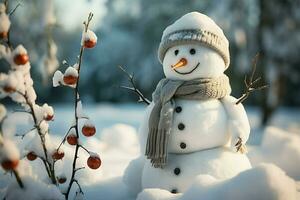 ai gegenereerd winter charme sneeuwman in een landschap met besneeuwd achtergrond foto
