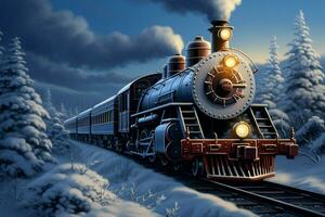 ai gegenereerd winter voortbeweging 3d digitaal schilderij van een stoom- locomotief in sneeuw gedekt Woud foto