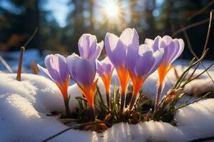 ai gegenereerd bloemen hoop eerste voorjaar bloemen, krokussen bloeien in besneeuwd bossen foto