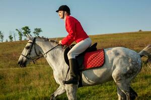 de amazone Aan een rood paard. paard rijden. paard racen. rijder Aan een paard. foto