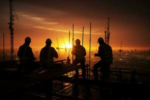 ai gegenereerd bedrijf ontwikkeling bouw ingenieur, aannemer, samenspel silhouet Aan industrieel plaats foto