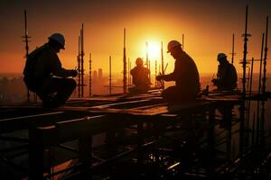 ai gegenereerd project synergie bouw ingenieur, aannemer, samenspel silhouet Aan bouw plaats foto