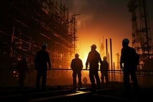 ai gegenereerd industrieel samenwerking bouw ingenieur, aannemer, samenspel silhouet Aan bouw plaats foto