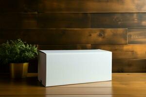 ai gegenereerd minimalistische elegantie wit papier doos Aan een natuurlijk hout achtergrond foto