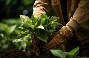 ai gegenereerd handen met tuinieren handschoenen Holding omhoog tuin fabriek foto