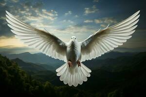 ai gegenereerd hemelwaarts genade duif met uitgestrekt Vleugels, een symbool van vrede foto
