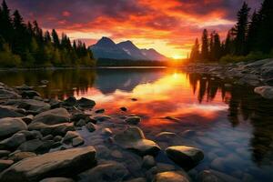 ai gegenereerd tatra kalmte berg meer, kleurrijk zonsondergang, hoog tatra pieken tafereel foto