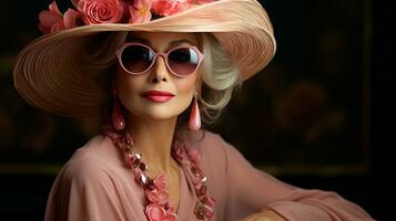 ai gegenereerd een vrouw vervelend een roze hoed en zonnebril, genieten van een zonnig dag buitenshuis. generatief ai foto