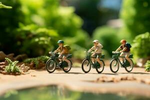 ai gegenereerd sportief rijden miniatuur mensen rijden fietsen met een levendig groen achtergrond foto