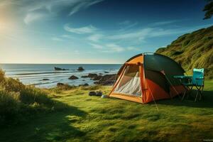ai gegenereerd zeegezicht camping tent en camping uitrusting Aan levendig groen gras foto