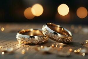 ai gegenereerd kostbaar bands zilver en goud bruiloft ringen, bokeh achtergrond verleiden foto