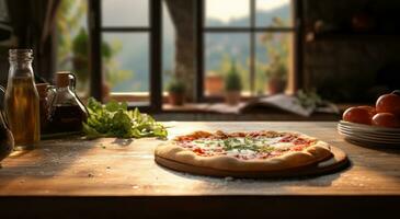 ai gegenereerd een pizza deeg is resting Aan top van een tafel foto