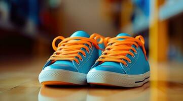 ai gegenereerd een oranje en blauw paar- van sportschoenen, met blauw veters foto