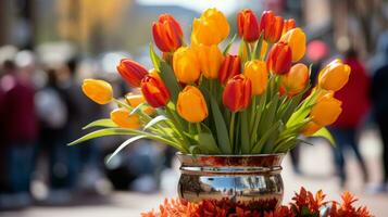 ai gegenereerd een vaas gevulde met levendig oranje en geel bloemen, creëren een mooi en kleurrijk regeling. generatief ai foto