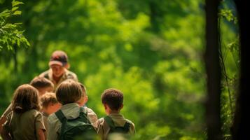 ai gegenereerd een groep van kinderen verkennen in een Woud omringd door bomen en natuur. generatief ai foto