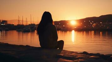 ai gegenereerd een vrouw zittend Aan de pier Bij zonsondergang genieten van de zee visie. generatief ai foto