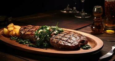 ai gegenereerd een gegrild steak zittend Aan een houten tafel, foto