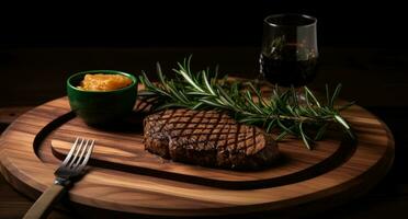 ai gegenereerd een gegrild steak zittend Aan een houten tafel, foto