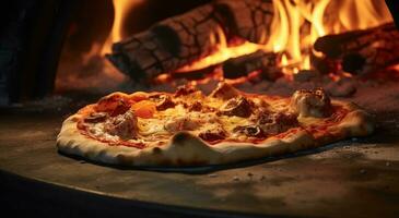 ai gegenereerd een pizza Koken in een hout brandend oven foto