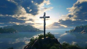 ai gegenereerd kruis Aan een eiland in de lucht foto