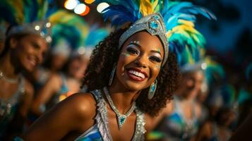 ai gegenereerd een vrouw vervelend levendig veren en een blij uitdrukking Bij een carnaval viering. generatief ai foto